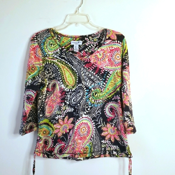 new CARIBBEAN JOE top Paisley Stretch PETITE LARGE 12 14 Tropical Navy Blue - Picture 1 of 8